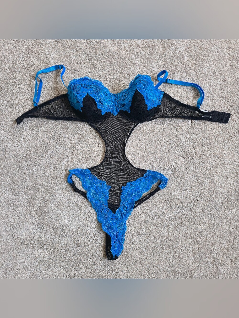 Frederick's of Hollywood sheer mesh and blue lace teddy bodysuit